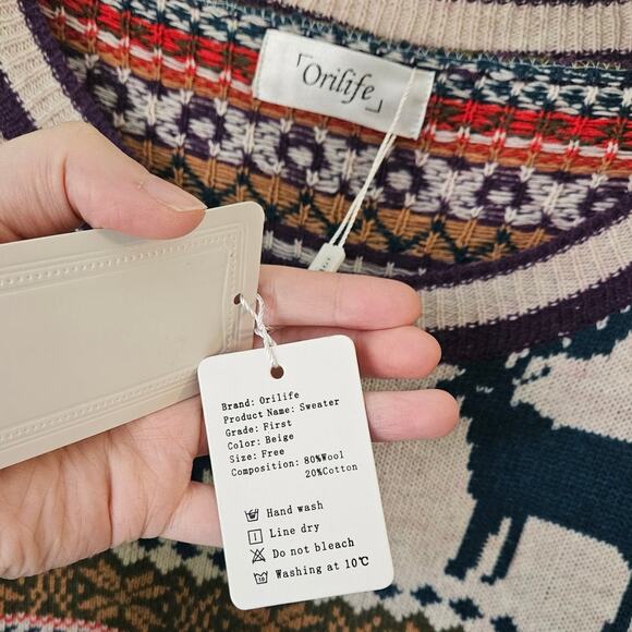 NWT! Orilife Oversized Baggy Beige Cotton & Wool Blend Reindeer Sweater - Picture 8 of 9